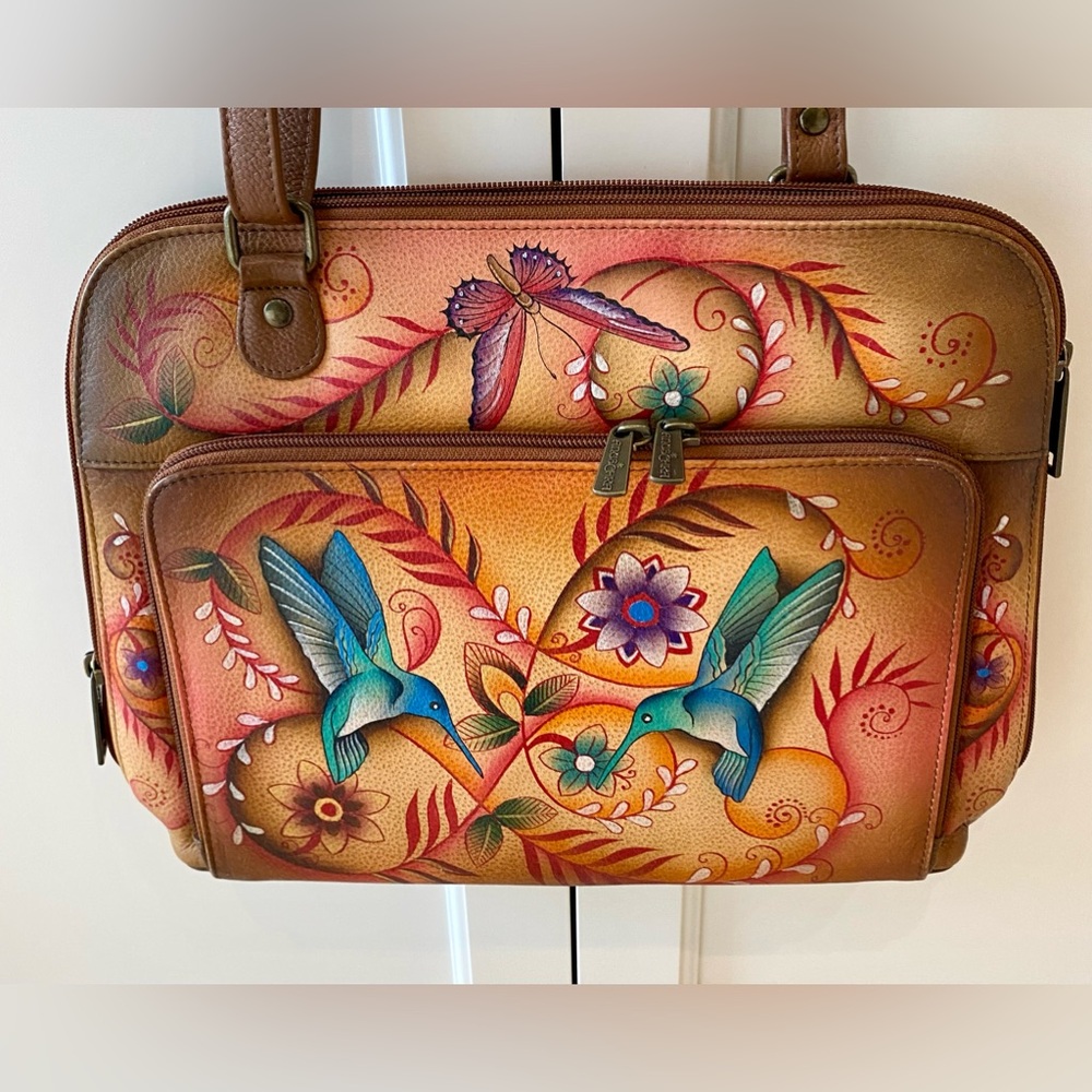 Anuschka Hand Painted Hummingbird Butterfly Leather Handbag with Dust Bag